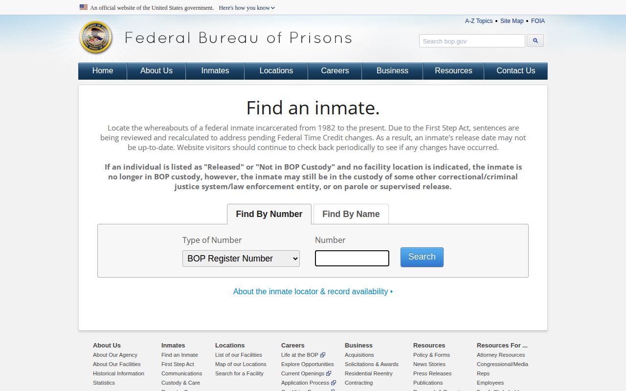 Blank federal inmate locator for checking custody outside the Bleckley County Jail